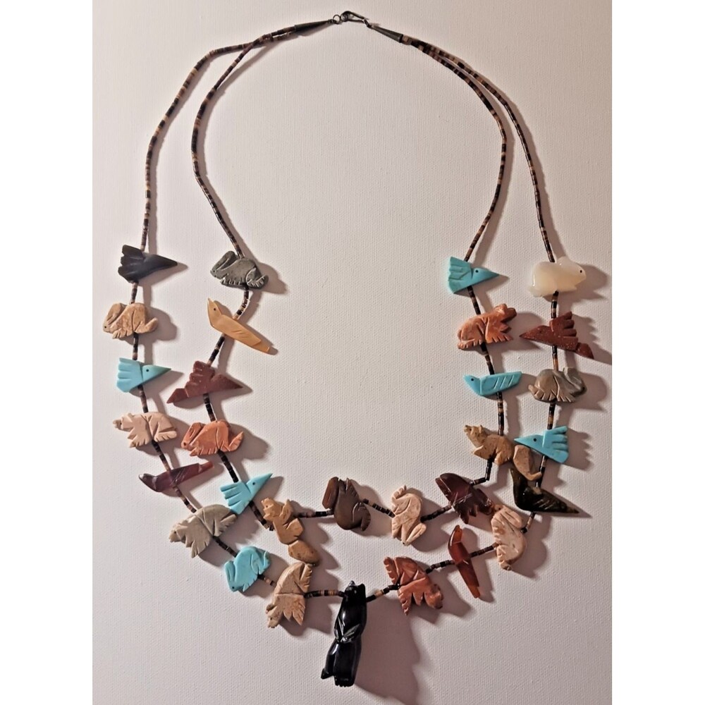 Zuni Fetish Heishi Two Stranded  Multi-stone Necklace Black Bear Pendant Vintage